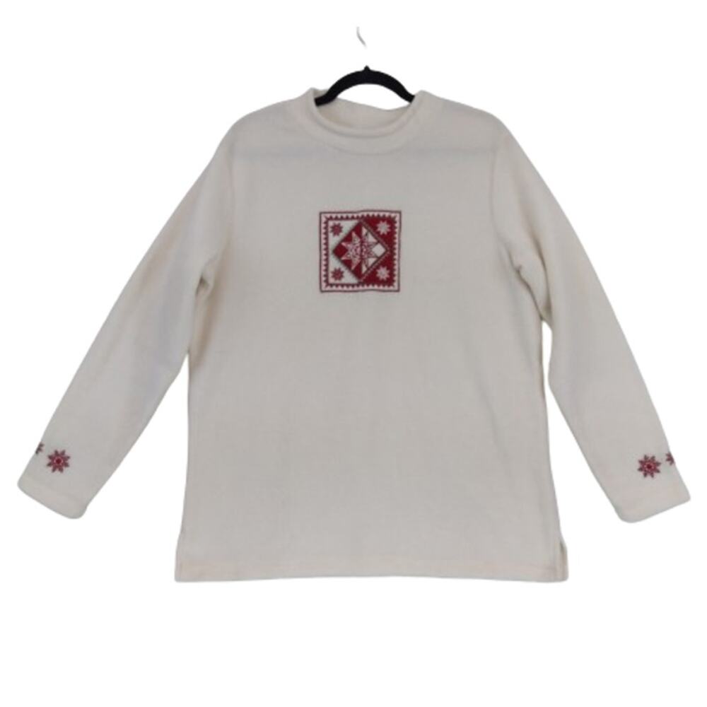 Croft & Barrow Women's Fleece Top Size Medium Cream Red Long Sleeves Snow Flakes